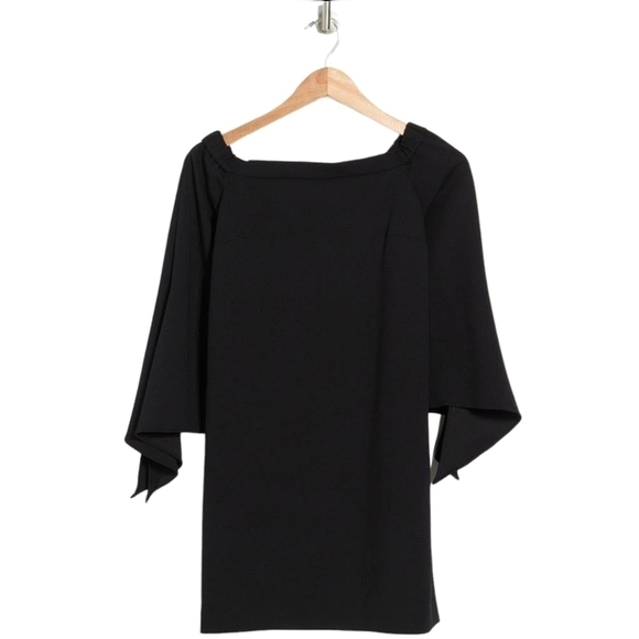 Tibi Off Shoulder Tie Sleeve Crepe Shift Dress Black Loose Fit Size: 0 - Picture 9 of 14
